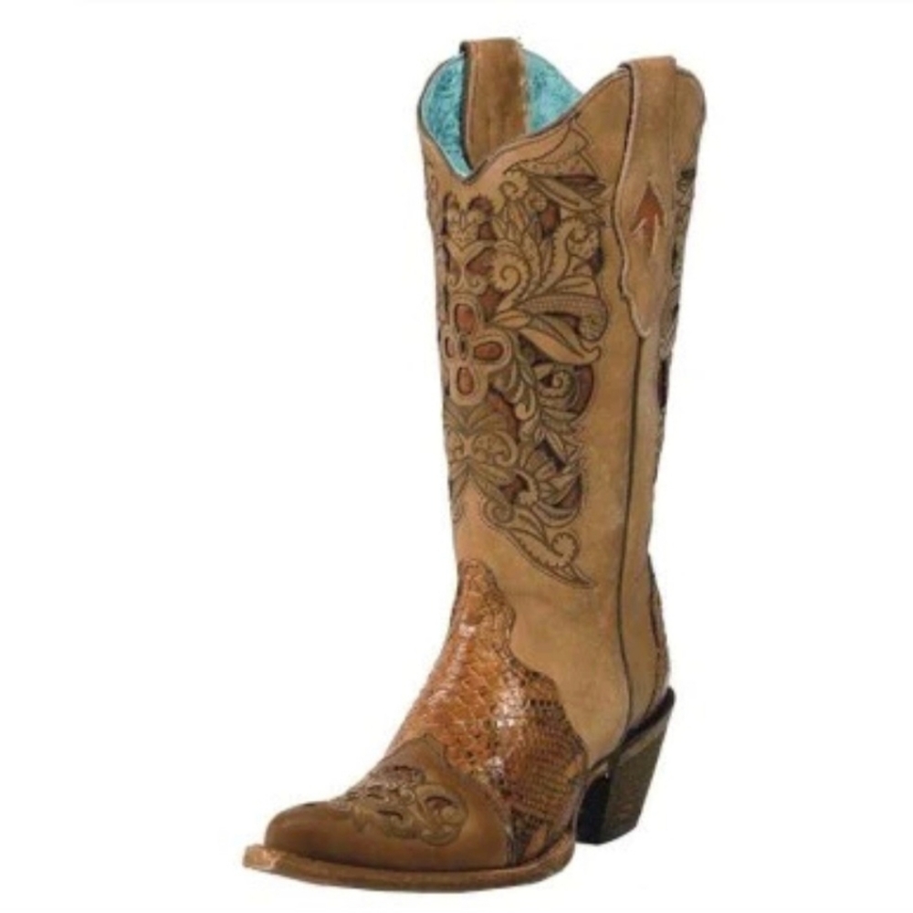 Corral | Chocolate Brown Tooled Cutout Cognac Python Overlay Cowboy Boot 7.5M